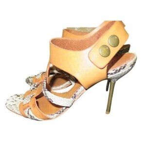 Pedro Garcia Mariel Python Embossed Vachetta Leather Pin Heels Sandals STUNNING!